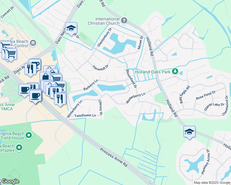 map of restaurants, bars, coffee shops, grocery stores, and more near 3188 Crestwood Lane in Virginia Beach