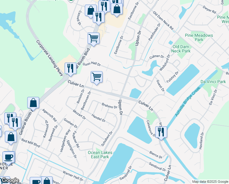 map of restaurants, bars, coffee shops, grocery stores, and more near 1208 Renoir Court in Virginia Beach