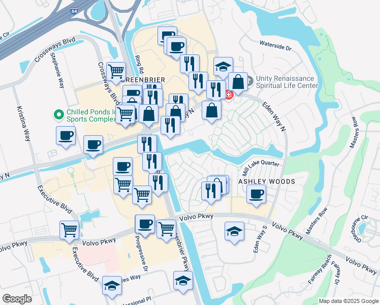 map of restaurants, bars, coffee shops, grocery stores, and more near 1249 Quarter Path Trail in Chesapeake