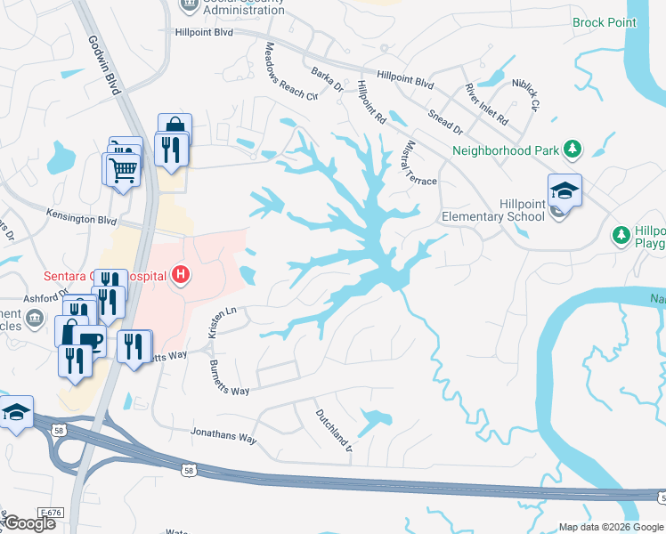 map of restaurants, bars, coffee shops, grocery stores, and more near 184 Kristen Lane in Suffolk