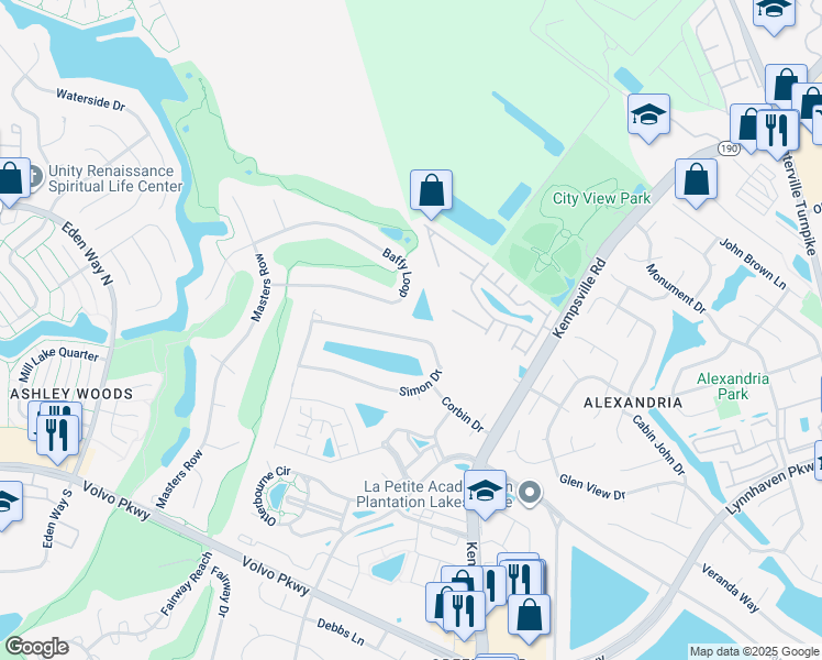 map of restaurants, bars, coffee shops, grocery stores, and more near 1322 Simon Drive in Chesapeake