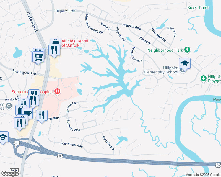 map of restaurants, bars, coffee shops, grocery stores, and more near 184 Kristen Lane in Suffolk