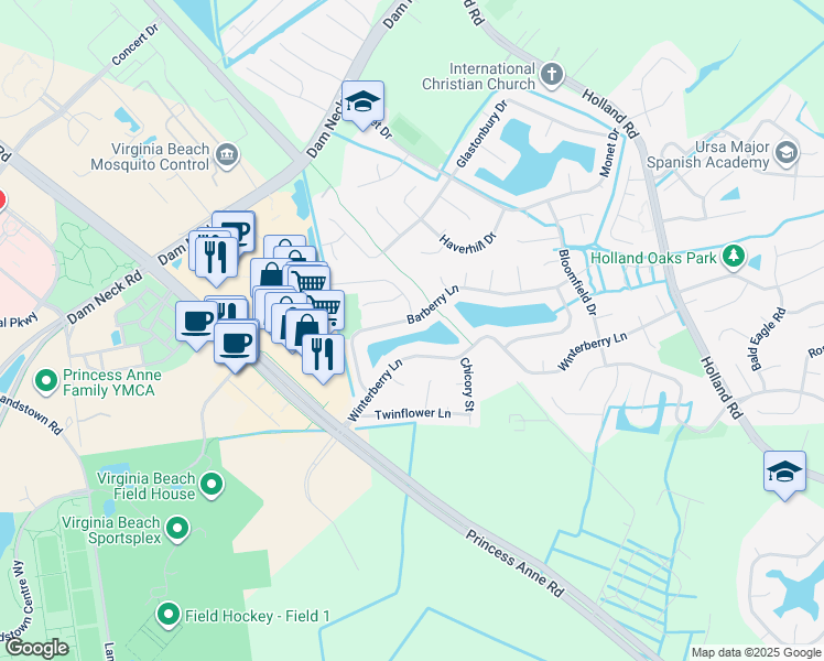 map of restaurants, bars, coffee shops, grocery stores, and more near 3228 Barberry Lane in Virginia Beach