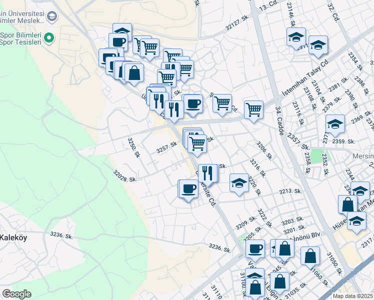 map of restaurants, bars, coffee shops, grocery stores, and more near Üniversite Caddesi in Yenişehir