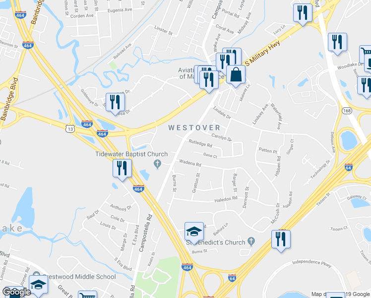 map of restaurants, bars, coffee shops, grocery stores, and more near 1417 Campostella Road in Chesapeake