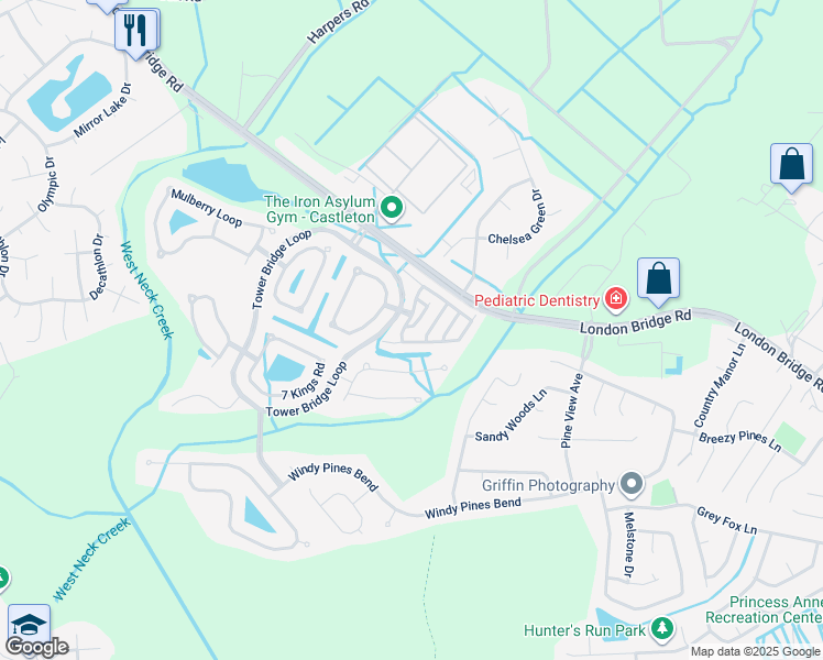 map of restaurants, bars, coffee shops, grocery stores, and more near 2432 Covent Garden Road in Virginia Beach