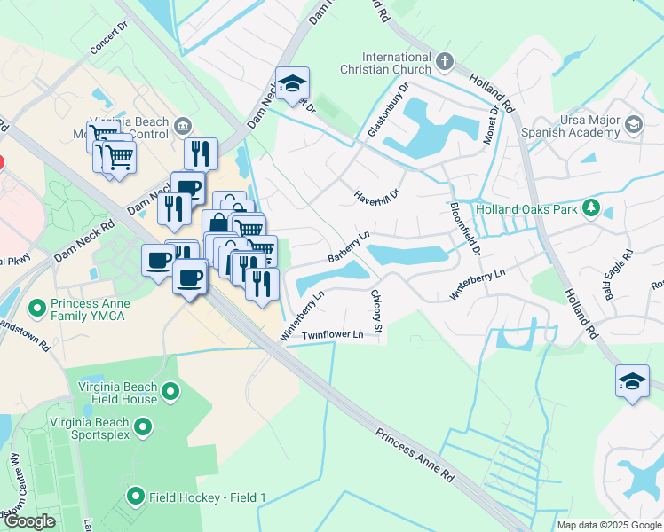map of restaurants, bars, coffee shops, grocery stores, and more near 3228 Barberry Lane in Virginia Beach