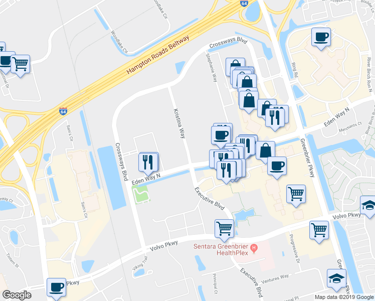 map of restaurants, bars, coffee shops, grocery stores, and more near Kristina Way in Chesapeake