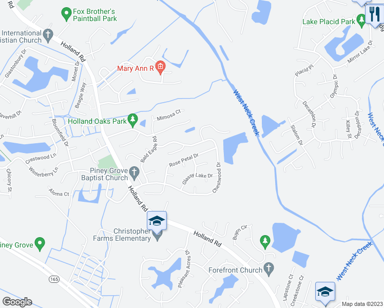 map of restaurants, bars, coffee shops, grocery stores, and more near 1728 Rose Petal Drive in Virginia Beach