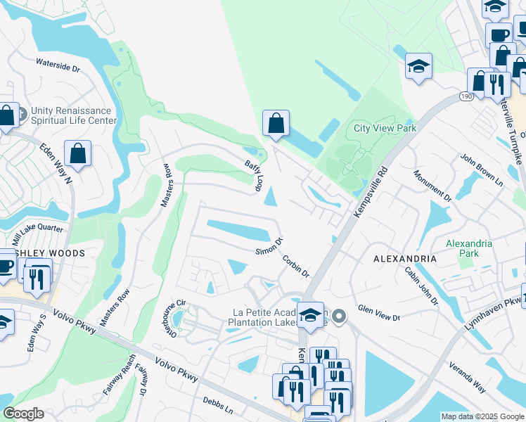 map of restaurants, bars, coffee shops, grocery stores, and more near 1322 Simon Drive in Chesapeake