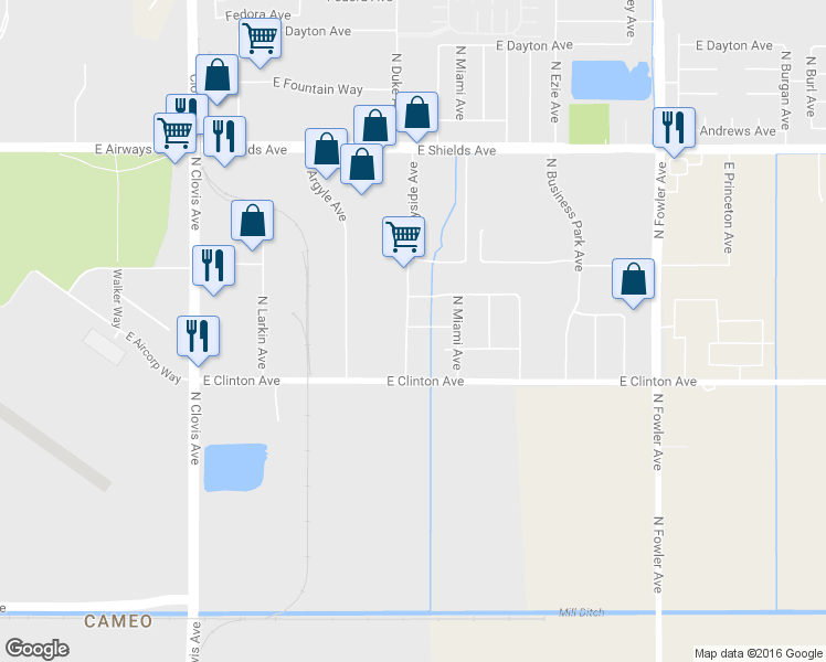 map of restaurants, bars, coffee shops, grocery stores, and more near 5810 East Harvard Avenue in Fresno