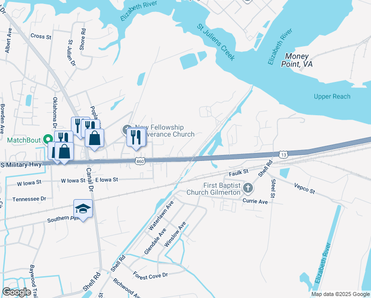 map of restaurants, bars, coffee shops, grocery stores, and more near 913 Willis Street in Chesapeake