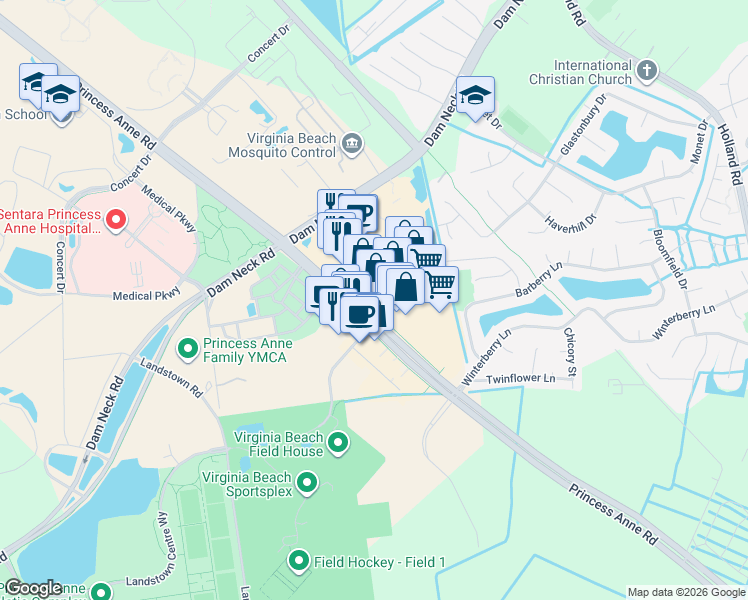 map of restaurants, bars, coffee shops, grocery stores, and more near Landstown Centre Way in Virginia Beach