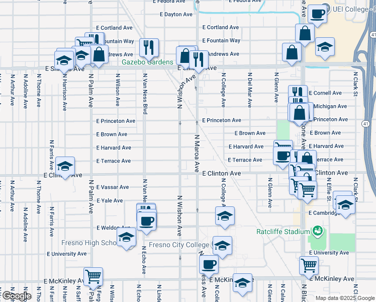 map of restaurants, bars, coffee shops, grocery stores, and more near 834 East Harvard Avenue in Fresno