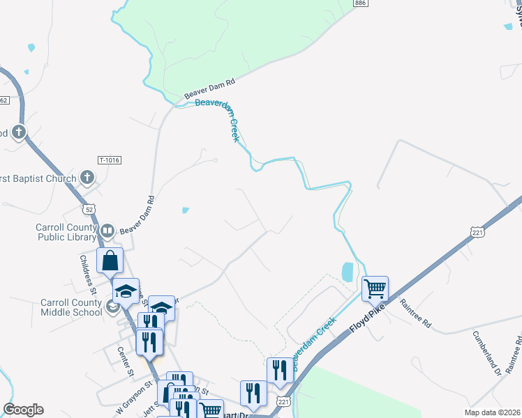 map of restaurants, bars, coffee shops, grocery stores, and more near 1201-1299 Lynn Street in Hillsville