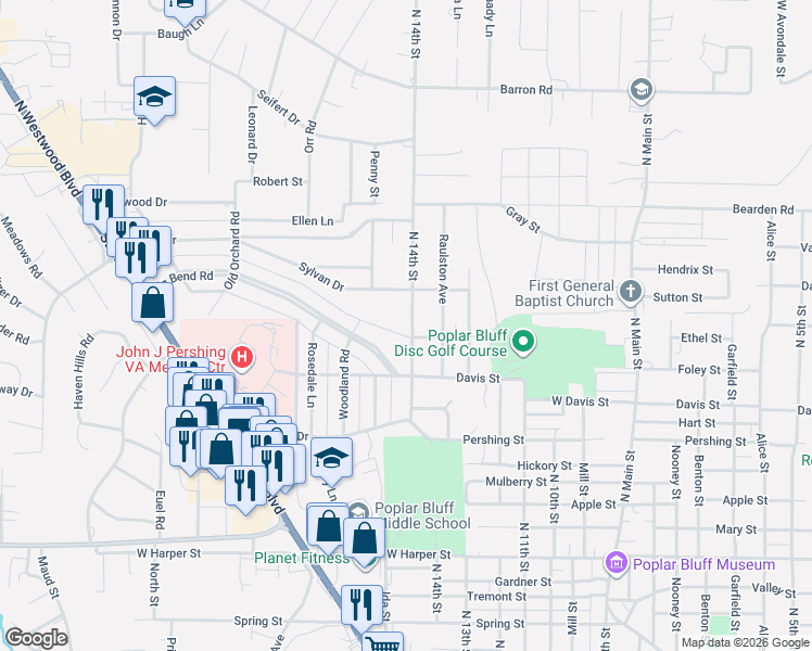 map of restaurants, bars, coffee shops, grocery stores, and more near 1615 North 14th Street in Poplar Bluff