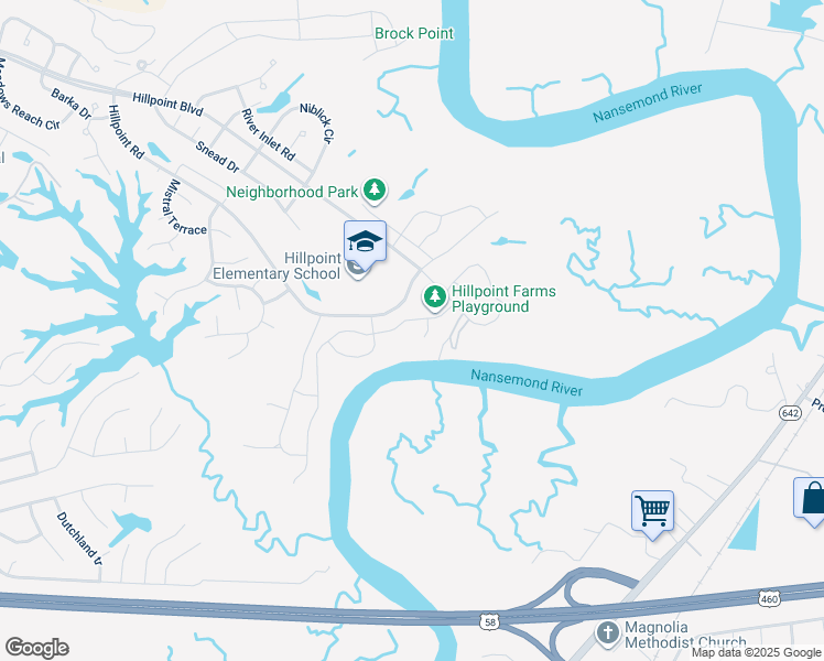 map of restaurants, bars, coffee shops, grocery stores, and more near 2667 River watch Drive in Suffolk