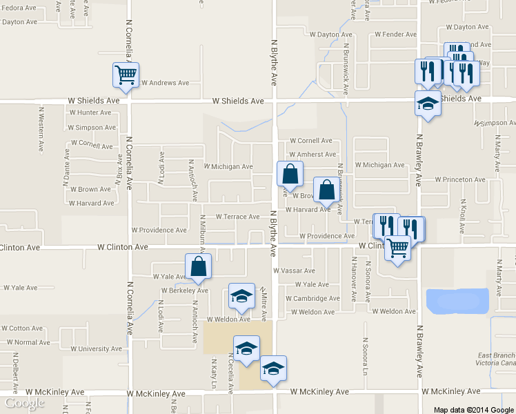 map of restaurants, bars, coffee shops, grocery stores, and more near 4449 W Harvard Ave in Fresno