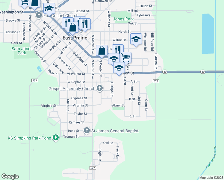 map of restaurants, bars, coffee shops, grocery stores, and more near 398 Cutliph St in East Prairie