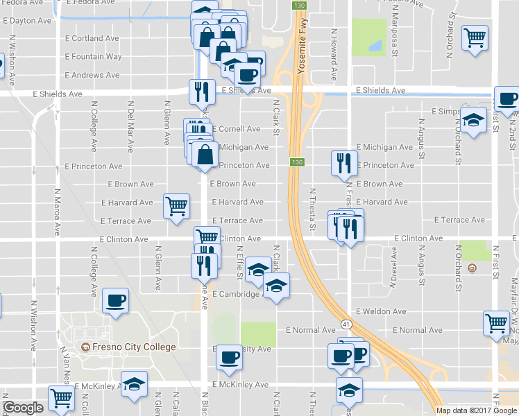 map of restaurants, bars, coffee shops, grocery stores, and more near 2004 East Harvard Avenue in Fresno