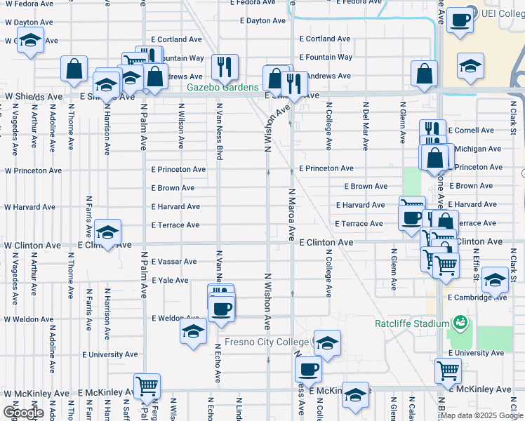 map of restaurants, bars, coffee shops, grocery stores, and more near 715 East Harvard Avenue in Fresno