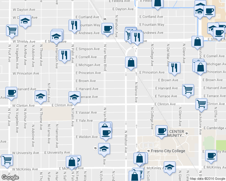 map of restaurants, bars, coffee shops, grocery stores, and more near in Fresno