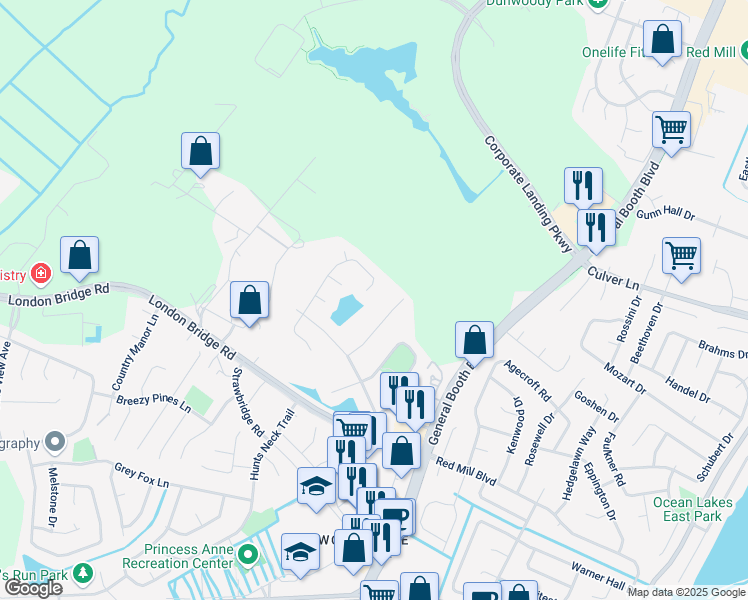 map of restaurants, bars, coffee shops, grocery stores, and more near 1804 Finsbury Lane in Virginia Beach
