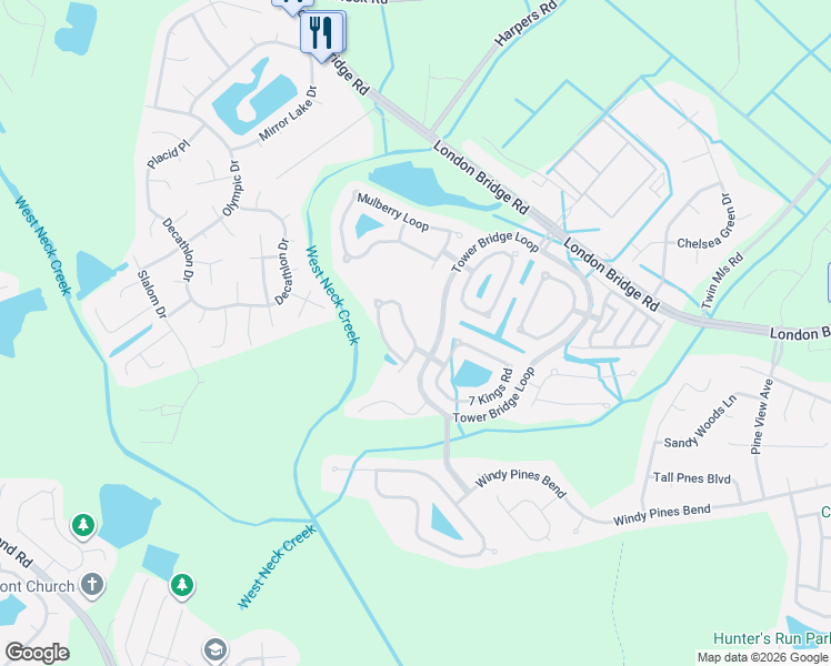map of restaurants, bars, coffee shops, grocery stores, and more near 2540 Penshurst Way in Virginia Beach