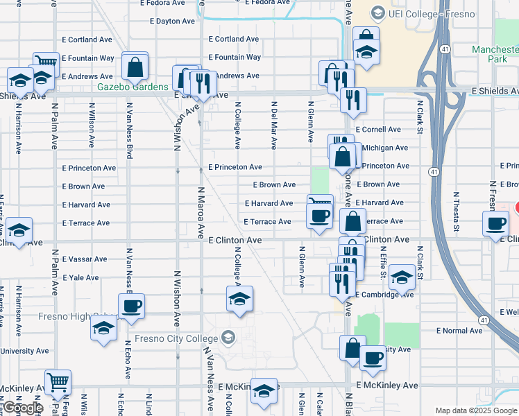 map of restaurants, bars, coffee shops, grocery stores, and more near 1214 East Harvard Avenue in Fresno