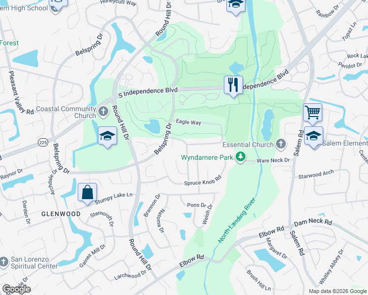 map of restaurants, bars, coffee shops, grocery stores, and more near 2093 Eagle Rock Road in Virginia Beach