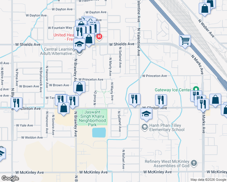 map of restaurants, bars, coffee shops, grocery stores, and more near 2519 North Marty Avenue in Fresno