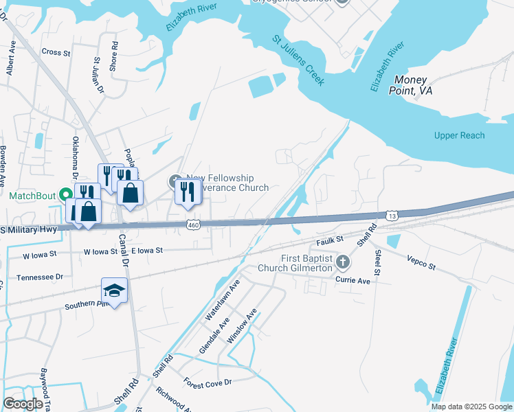 map of restaurants, bars, coffee shops, grocery stores, and more near 915 Willis Street in Chesapeake