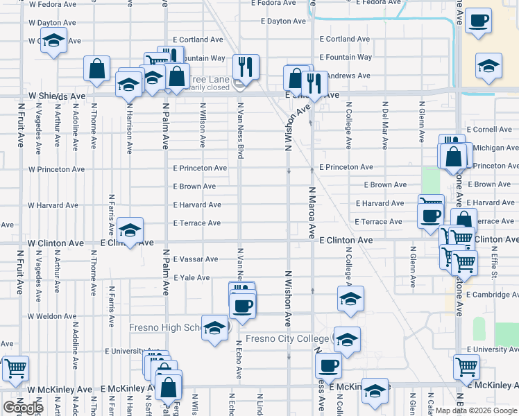 map of restaurants, bars, coffee shops, grocery stores, and more near in Fresno