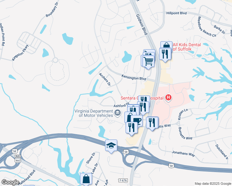 map of restaurants, bars, coffee shops, grocery stores, and more near 114 Foxworth Cir in Suffolk
