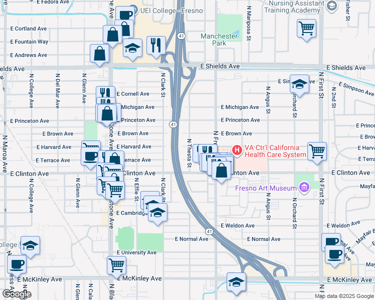 map of restaurants, bars, coffee shops, grocery stores, and more near 2246 East Harvard Avenue in Fresno