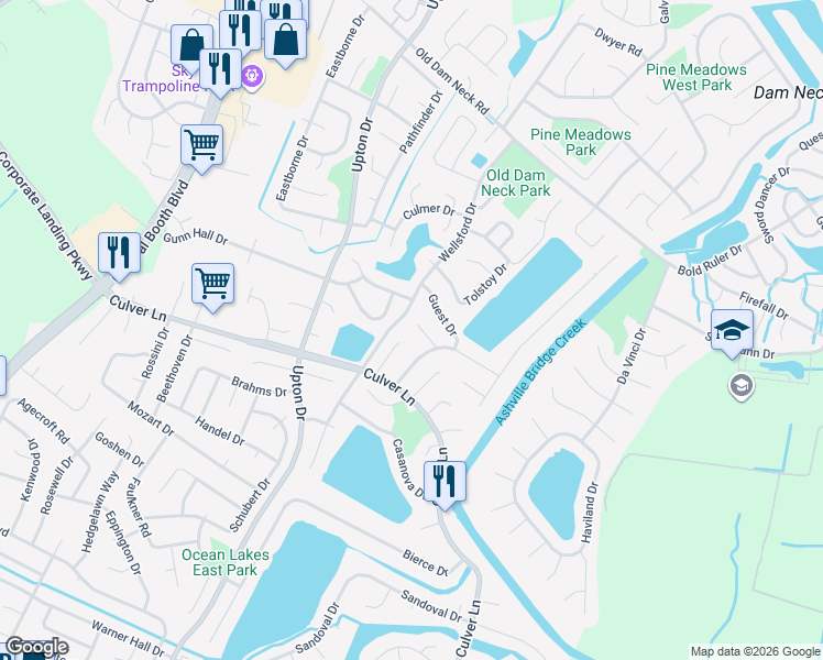 map of restaurants, bars, coffee shops, grocery stores, and more near 1093 Gershwin Court in Virginia Beach