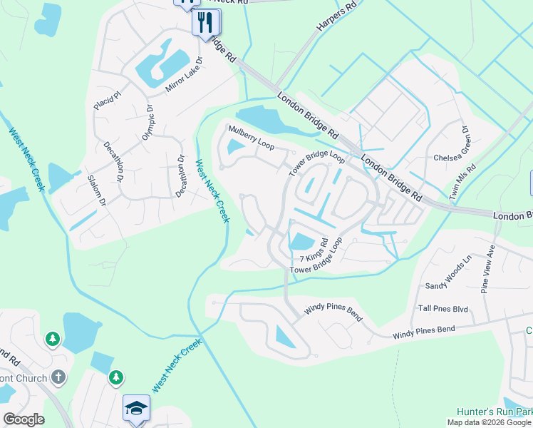 map of restaurants, bars, coffee shops, grocery stores, and more near 2540 Penshurst Way in Virginia Beach
