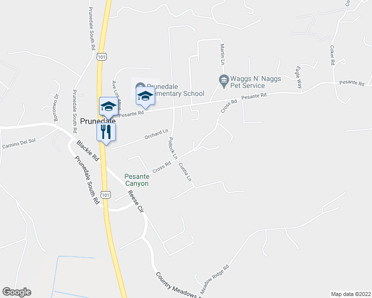 map of restaurants, bars, coffee shops, grocery stores, and more near 17897 Cross Road in Salinas