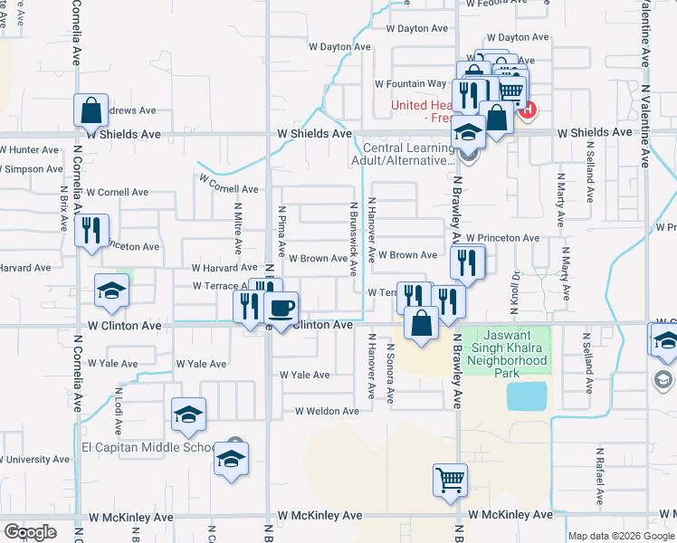 map of restaurants, bars, coffee shops, grocery stores, and more near 4252 West Harvard Avenue in Fresno