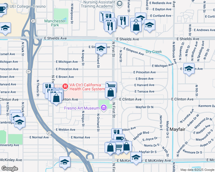 map of restaurants, bars, coffee shops, grocery stores, and more near 3066 East Harvard Avenue in Fresno