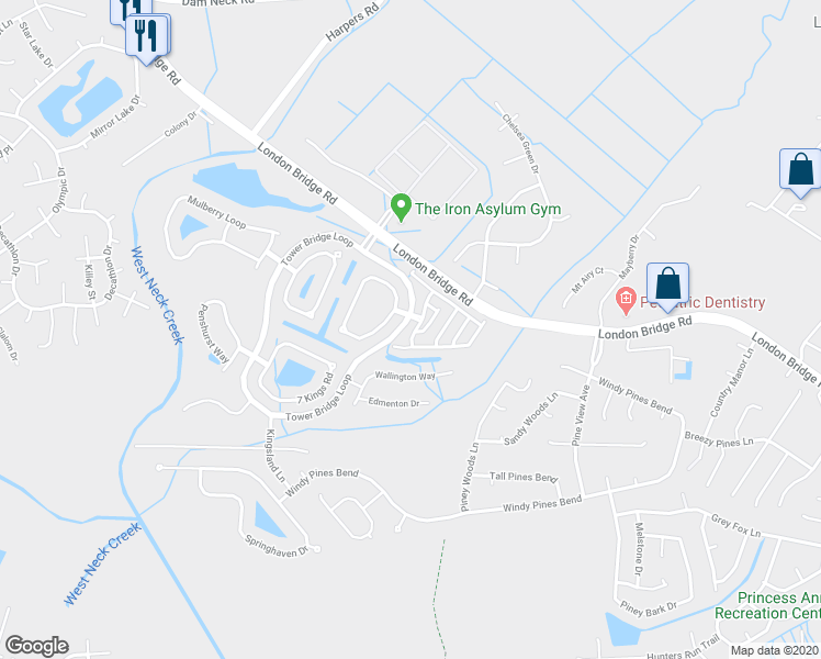 map of restaurants, bars, coffee shops, grocery stores, and more near 2448 Covent Garden Road in Virginia Beach