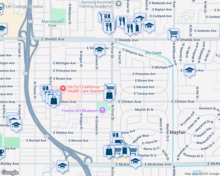 map of restaurants, bars, coffee shops, grocery stores, and more near 2535 North First Street in Fresno