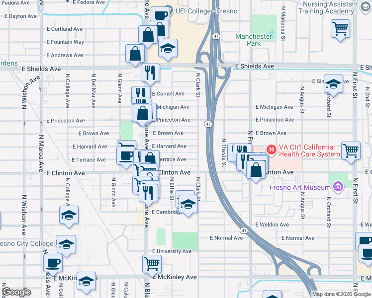 map of restaurants, bars, coffee shops, grocery stores, and more near 2004 East Harvard Avenue in Fresno