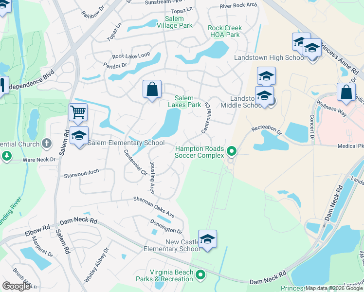 map of restaurants, bars, coffee shops, grocery stores, and more near Centennial Circle in Virginia Beach