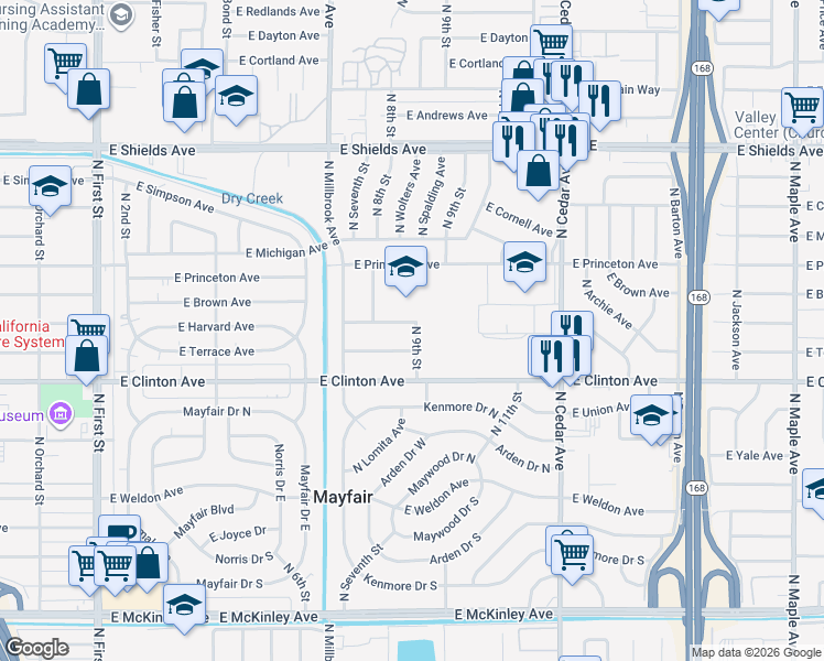 map of restaurants, bars, coffee shops, grocery stores, and more near 3876 East Harvard Avenue in Fresno