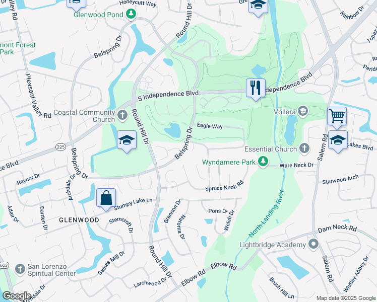 map of restaurants, bars, coffee shops, grocery stores, and more near 2213 Eagle Ridge Court in Virginia Beach