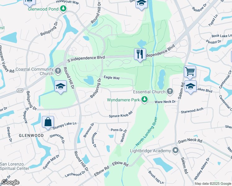 map of restaurants, bars, coffee shops, grocery stores, and more near 1268 Eagle Way in Virginia Beach