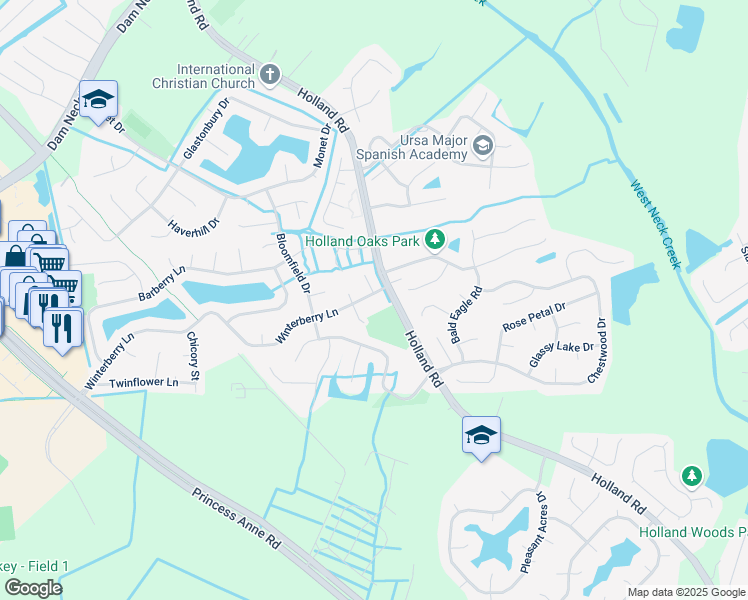 map of restaurants, bars, coffee shops, grocery stores, and more near 3005 Winterberry Lane in Virginia Beach