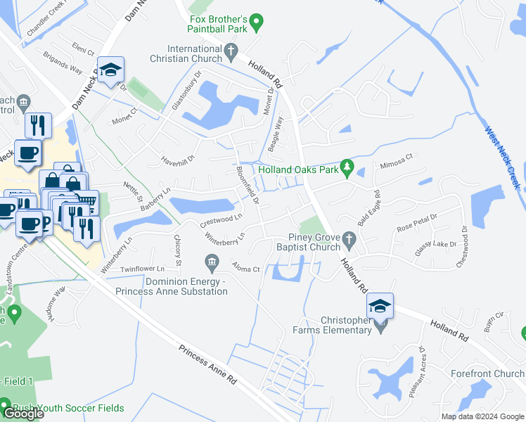 map of restaurants, bars, coffee shops, grocery stores, and more near 1886 Bloomfield Drive in Virginia Beach