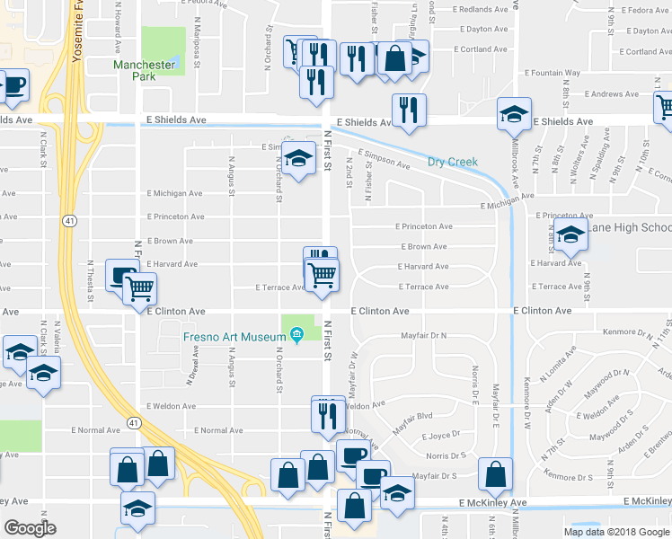 map of restaurants, bars, coffee shops, grocery stores, and more near 2544 North First Street in Fresno